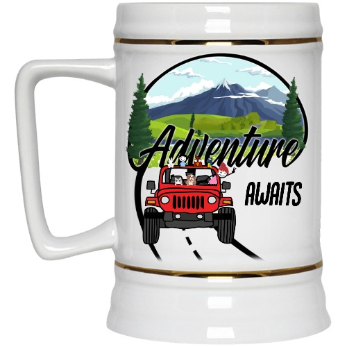 Jeep wrangler road trippers road warriors adventure buddies adventure crew jeeping off-roading personalized front beer stein