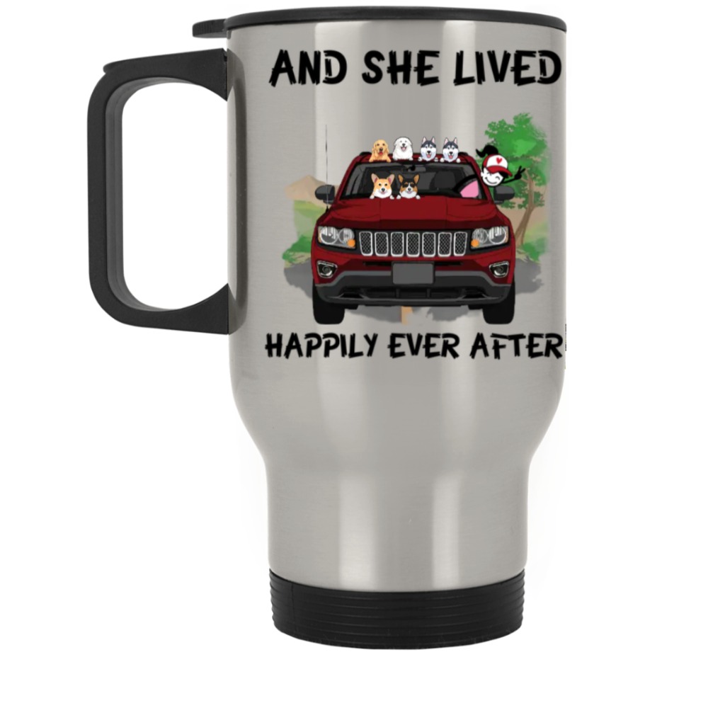 Jeep Compass coffee kid dog cat pet let the adventure begin and she lived happily ever after personalized Silver Stainless Tr