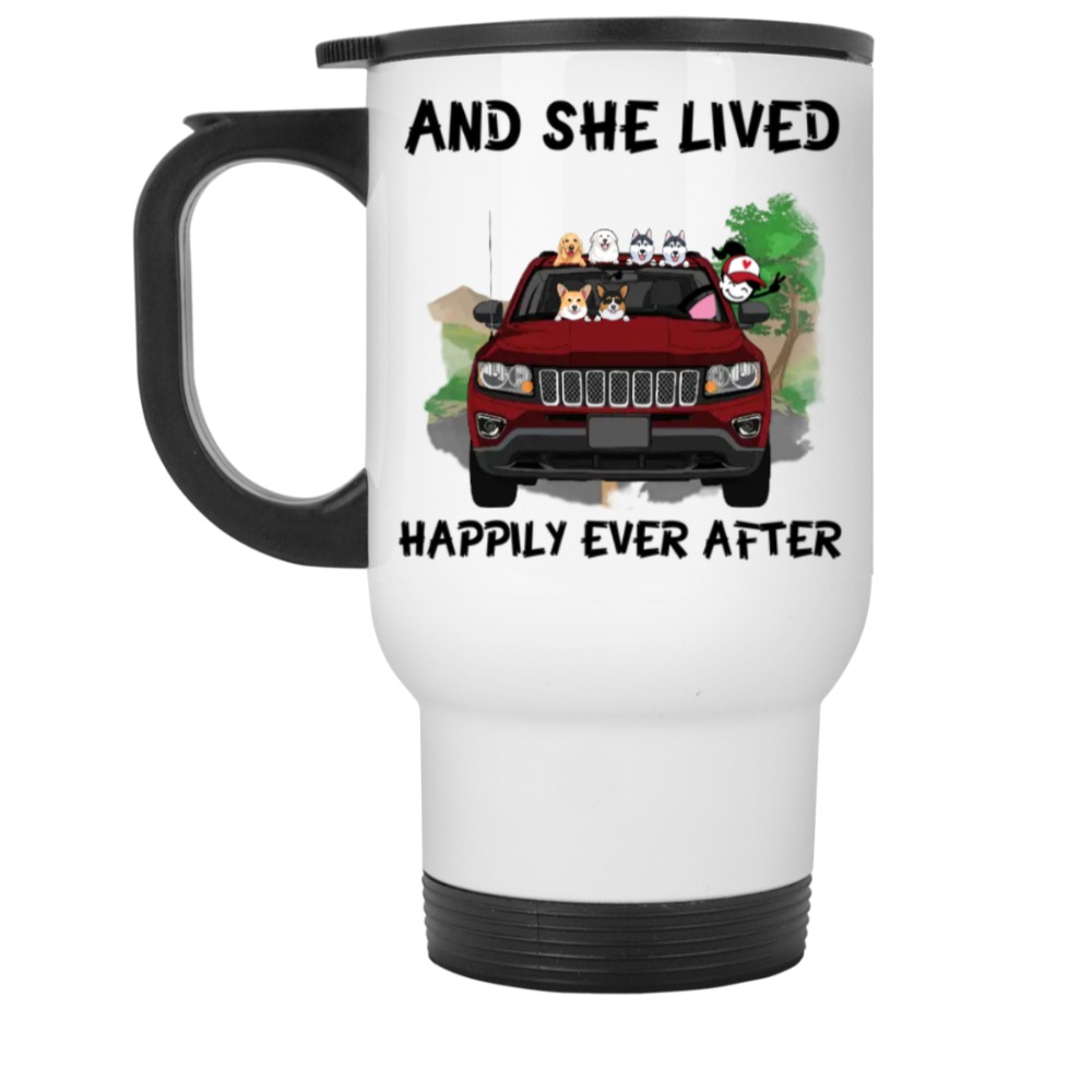 Jeep Compass coffee kid dog cat pet let the adventure begin and she lived happily ever after personalized White Travel Mug pe