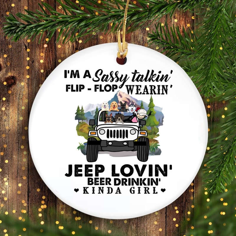 Jeep coffee beer wine i'm a sassy talkin flip-flop wearin jeep lovin personalized circle ornament perfect gift idea funny cus