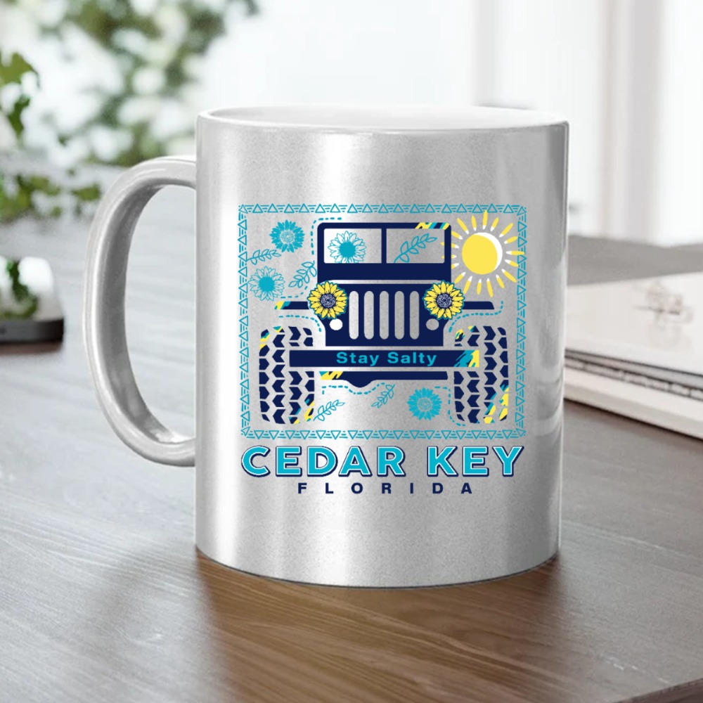 Jeep wrangler stay salty cedar key florida sunflower personalized metallic mug silver/gold - BT - 6418841