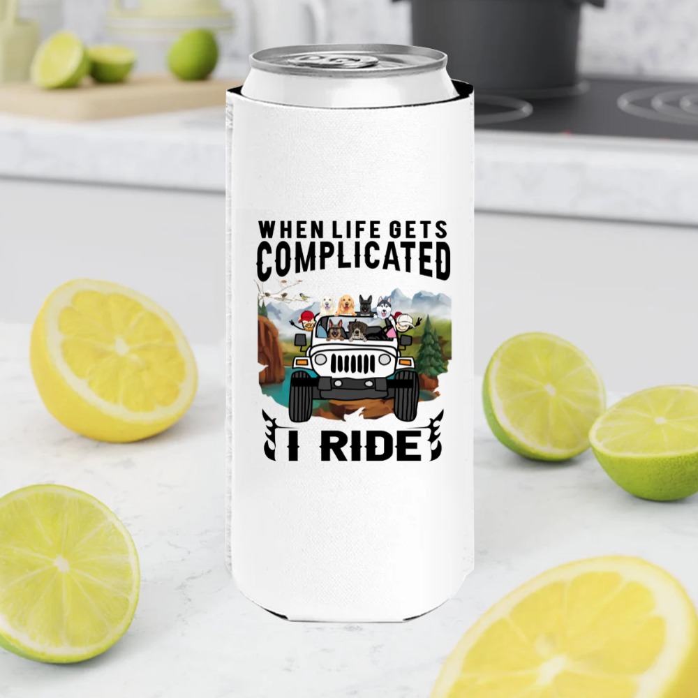 Jeep wrangler round square lights when life gets complicated I ride personalized slim can cooler - BT - 6386038