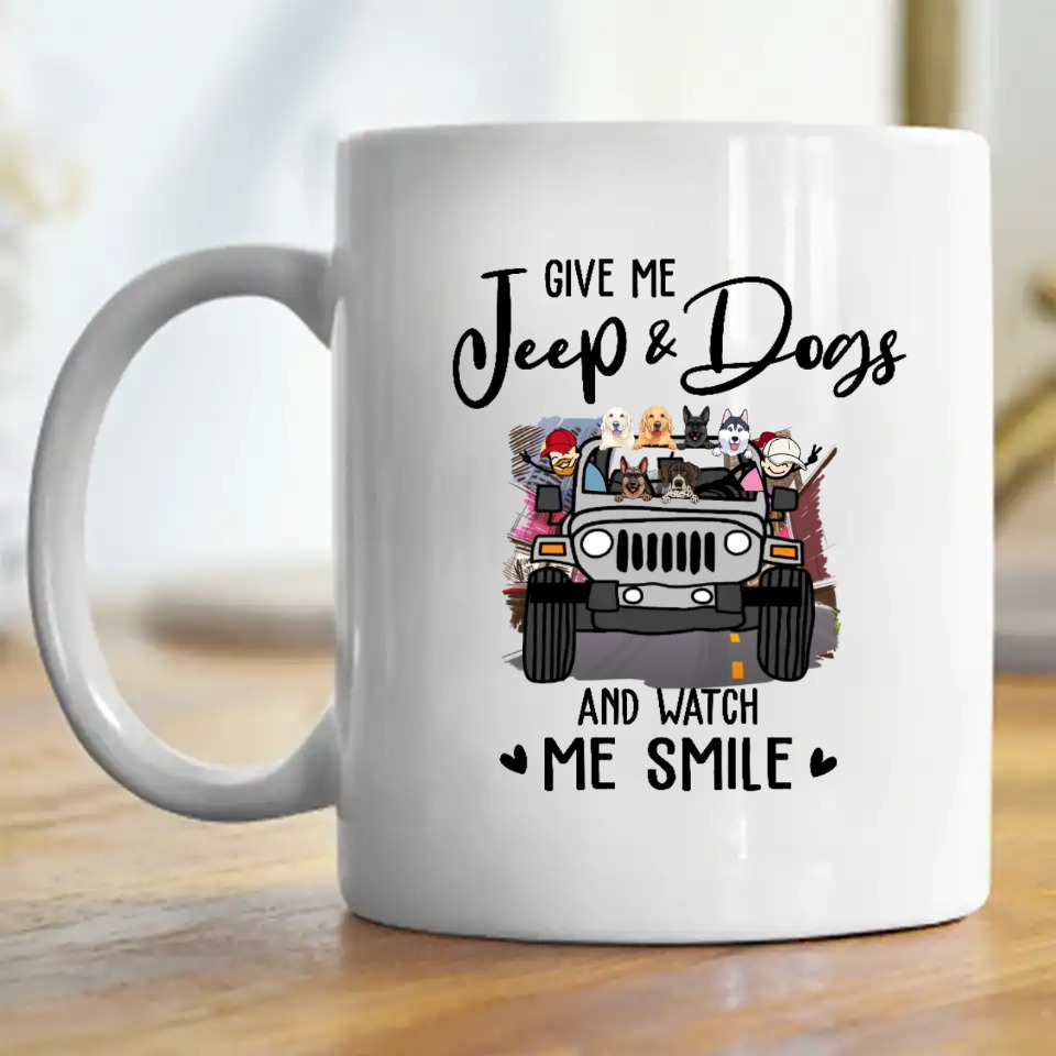 Jeep dog cat turtle coffee wine beer give me jeep and dog and watch me smile personalized coffee mug perfect gift idea funny