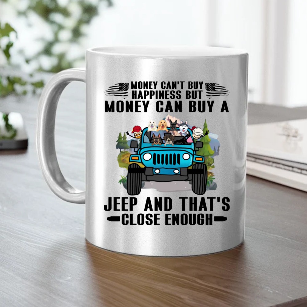 Jeep Wrangler Rubicon pet dog outdoor adventure money can't buy happiness for girl man personalized metallic mug perfect gift