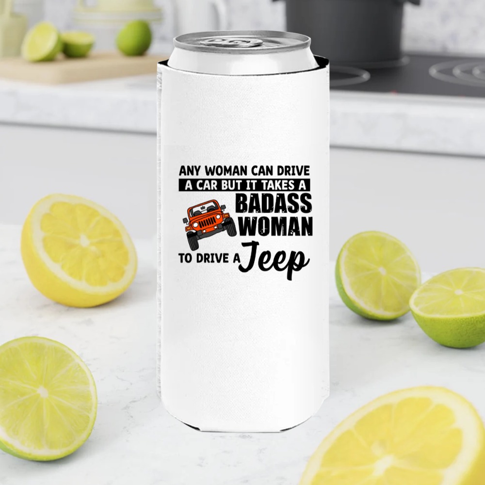Jeep dog cat turtle any woman can drive a car but it takes a badass woman to drive a jeep personalized slim can cooler perfec