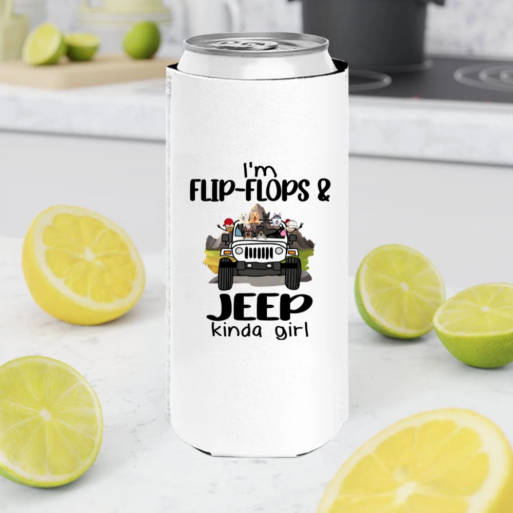 Jeep dog cat I'm a flip-flops and Jeep kinda girl personalized slim can cooler perfect gift idea funny custom gift - NH - 562