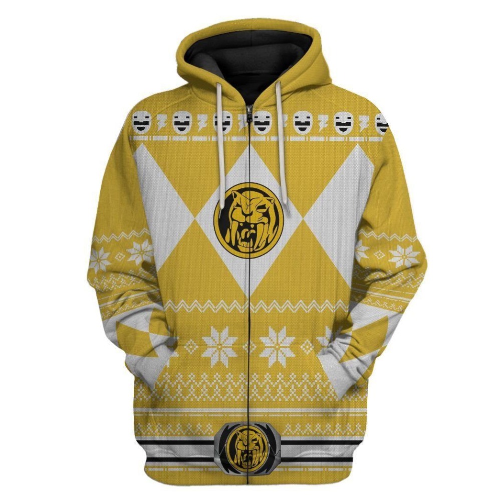Mighty Morphin Yellow Power Rangers Version Christmas Cosplay Costume Custom Apparel Outfit Tracksuit 3D All Over Printed Zip
