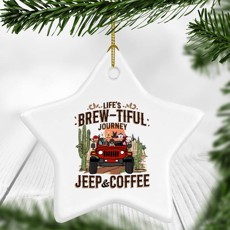 Jeep coffee kid dog Life's brew-tiful journey Jeep and coffee personalized star ornament perfect gift idea funny custom gift