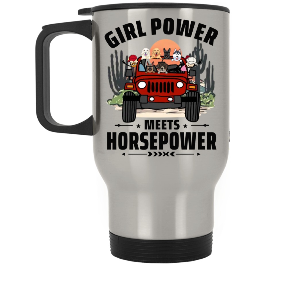 Jeep coffee kid dog pet Girl power meets horsepower personalized silver stainless travel mug perfect gift idea funny custom g