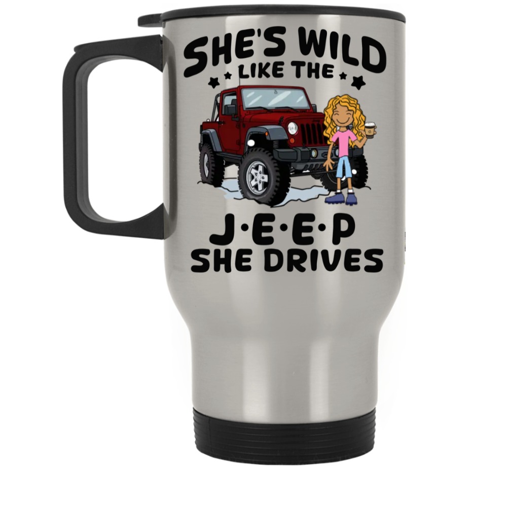 Jeep coffee kid dog Shes wild like the Jeep she drives personalized silver stainless travel mug perfect gift idea funny custo