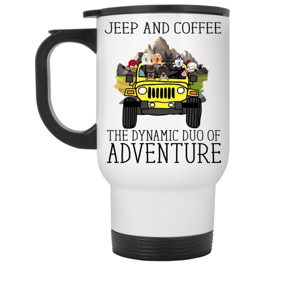 Jeep coffee kid dog Jeep and coffee the dynamic duo of adventure personalized white travel mug perfect gift idea funny custom