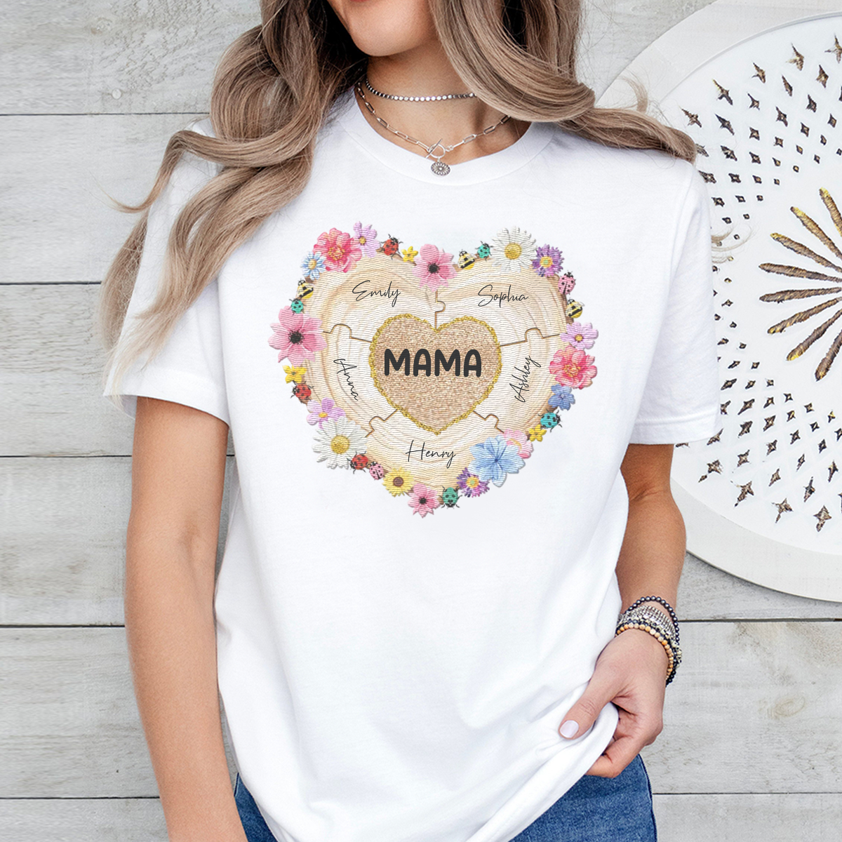 Grandma Heart Pieces Flower Gift For Grandma Personalized Embroidered T-Shirt Perfect Gift Idea Funny Custom Gift - TN - 414