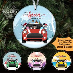 Mini cooper couple love is in the air love sweet love with you I am home be my valentine xmas christmas personalized circle ornament - BT-9780043