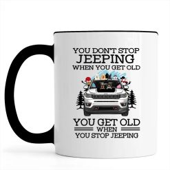 Jeep compass trailhawk pigs alpacas turtles parrots rabbits horses skunks ferrets you don't stop jeeping when you get old you get old when you stop jeeping custom funny perfect gift personalized accent mug - BT - 1604800