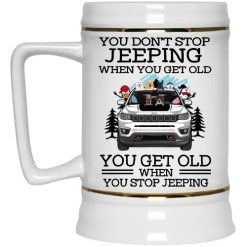 Jeep compass trailhawk pigs alpacas turtles parrots rabbits horses skunks ferrets you don't stop jeeping when you get old you get old when you stop jeeping custom funny perfect gift personalized beer stein - BT - 1604800