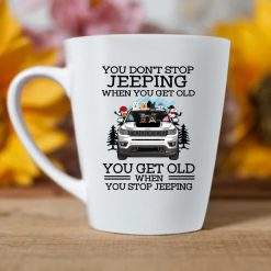 Jeep compass trailhawk pigs alpacas turtles parrots rabbits horses skunks ferrets you don't stop jeeping when you get old you get old when you stop jeeping custom funny perfect gift personalized latte mug - BT - 1604800