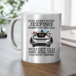 Jeep compass trailhawk pigs alpacas turtles parrots rabbits horses skunks ferrets you don't stop jeeping when you get old you get old when you stop jeeping custom funny perfect gift personalized metallic mug - BT - 1604800