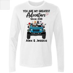 Jeep wrangler couples with dogs cats pets custom name color breed model year you are my greatest adventure since off-road jeepers gifts personalized men's premium long sleeve shirt - BT - 5873955